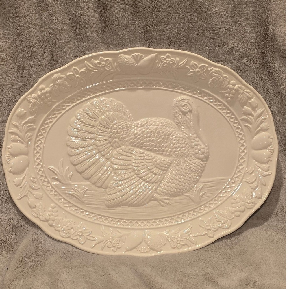 Vtg Embossed Turkey Platter White Ceramic Thanksgiving Serving Dish Japan